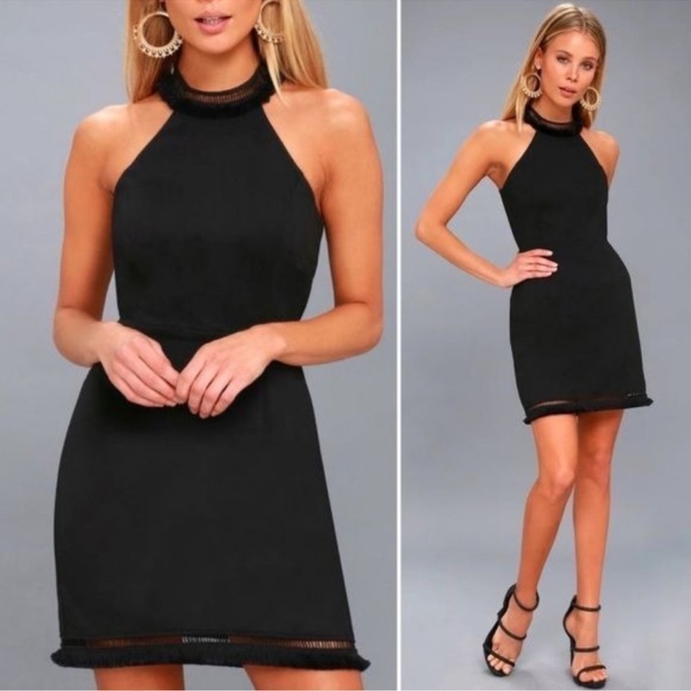 Lulus Skyline Views Black Bodycon Fringed Halter Dress